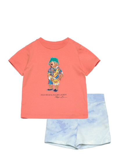 Ralph Lauren Baby Polo Bear Jersey Tee & Terry Short Set - Coral - 70-74 Ralph Lauren Baby Polo Bear Jersey Tee & Terry Short Set - Coral - 70-74