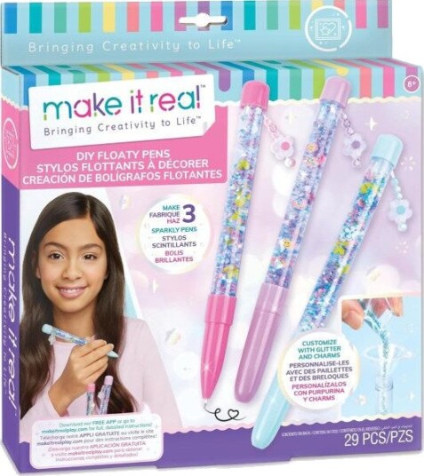 Make It Real DIY Flytende Penner Sett 3 Penner Glitter Og Anheng Rosa 8+ År