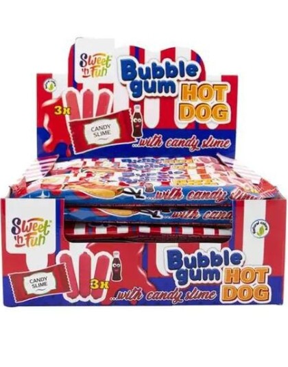 24 stk S&F Bubblegum Hot Dog Pølseformet Tyggegummi med Godterislim Hel Eske