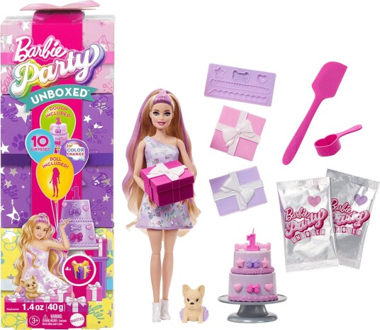Barbie | Party Unboxed Pet Birthday Series Doll & Accessories, Birthday Bows Set With 10 Surprises | ONE SIZE