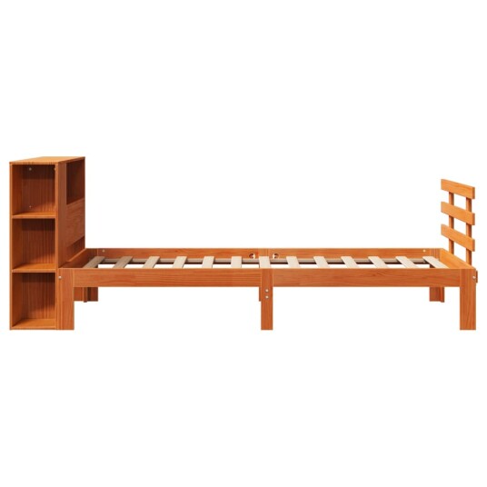 Seng med bokhylle uten madrass voksbrun 75x190 cm heltre furu 8721158615244