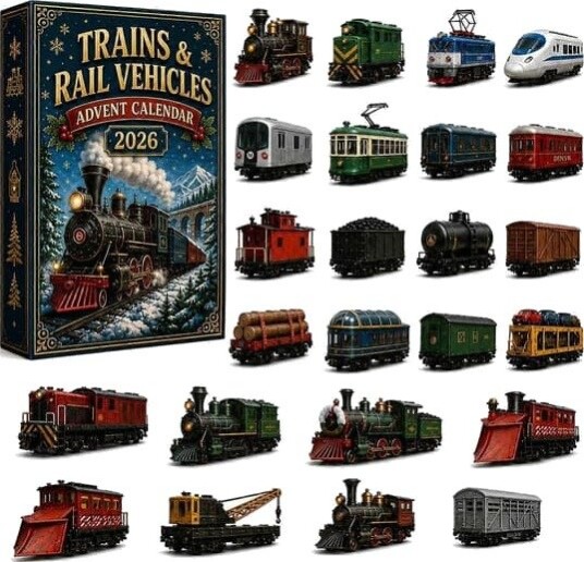 Tog Jernbane Kjøretøy Adventskalender 2026 Klassisk Tog Adventskalender 2026 24 Dager Jul Nedtellingskalender med Mini Kjøretøy Overraskelser Gave