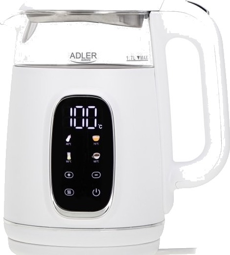 Adler 1,7L Vannkoker med Justerbar Termostat og Vannivåindikator, 2200W, Gjennomsiktig Hvit/Sølv Adler 1,7L Vannkoker med Justerbar Termostat og Vannivåindikator, 2200W, Gjennomsiktig Hvit/Sølv