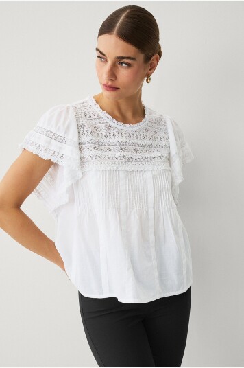 Ellos Collection Bluse i bomull med blondeinnsatser Hvit