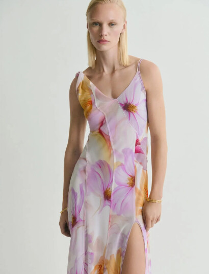 Mango Floral-Print Dress With Asymmetrical Straps - Pink - L Mango Floral-Print Dress With Asymmetrical Straps - Pink - L