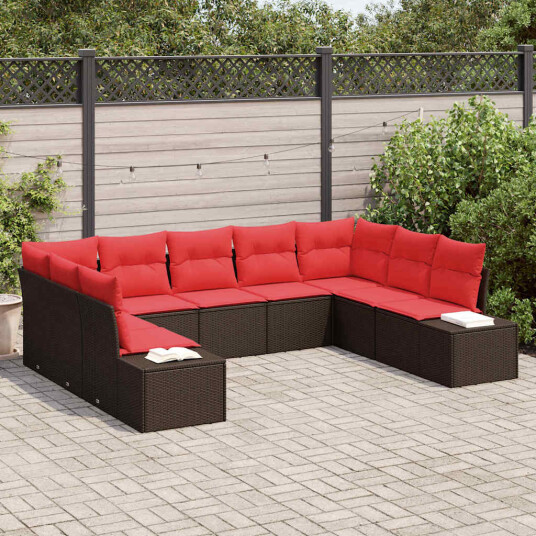 vidaXL Hagesofa Set 9 stk. 8-Antall seter Brun og rød Polyrattan