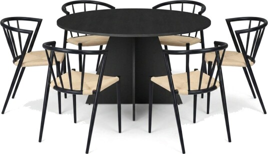 Vera spisegruppe rund 130 cm svart med 6 Winston spisestoler   Svart