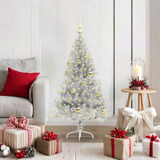 Kunstig Forhåndsopplyst Juletre med 150 LED sølv 120 cm PET