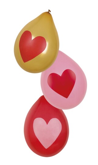 Sett med 6 hjerte ballonger med gull hjerter