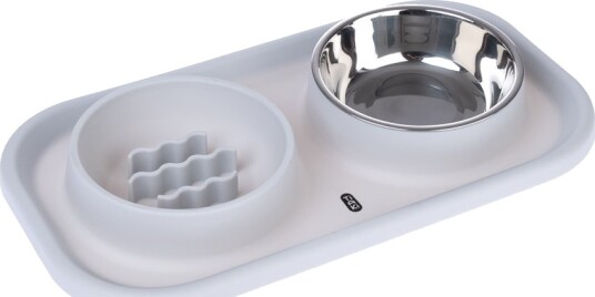 Tiaki Dobbeltskål I Rustfritt Stål Og Slow Feeding Silicone Skål Med Matte 2 X 300 ml