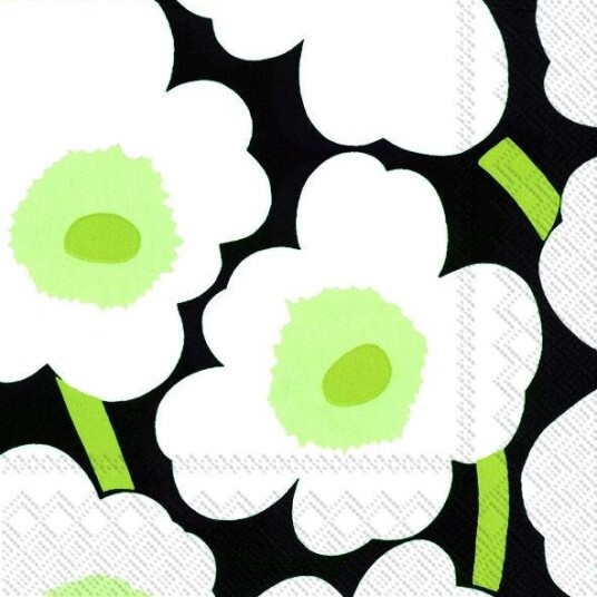 Ihr Marimekko Unikko sort og lime middagsservietter