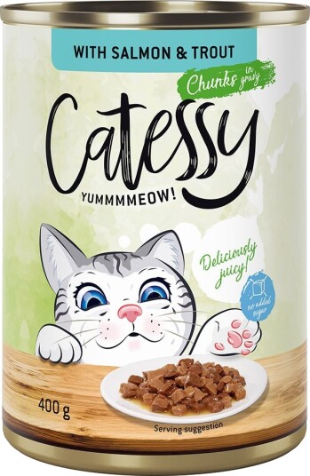 Catessy Våtfôr Biter I Saus Eller Gelè Med Laks Og Ørret I Saus 48 X 400 G