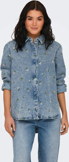 ONLY Onlvera L/S Flower Emb Shirt Dnm Noos   Blue   L
