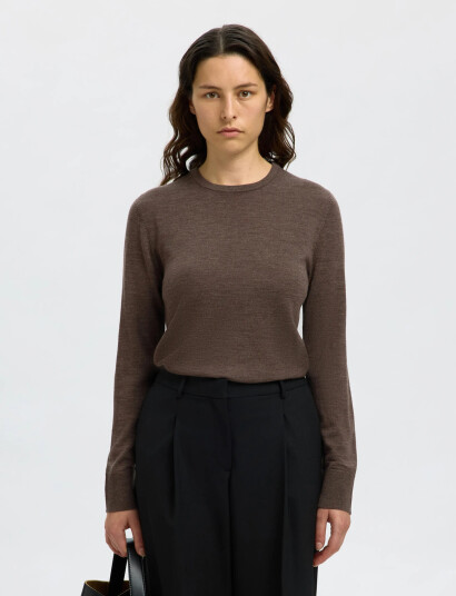 Selected Slfthea Ls Knit Merino O Neck Noos   Brown   S