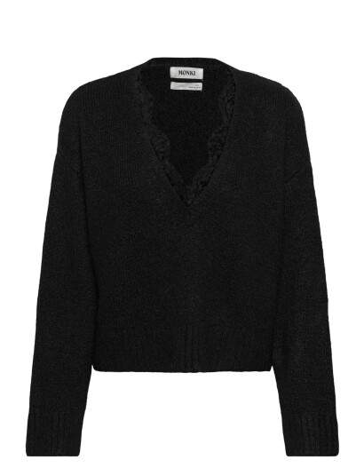 Monki Lace-Trimmed V-Neck Sweater - Black - M