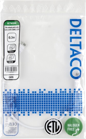 DELTACO Nettverkskabel Cat6 U/UTP AWG28 LSZH 0,3 m Hvit
