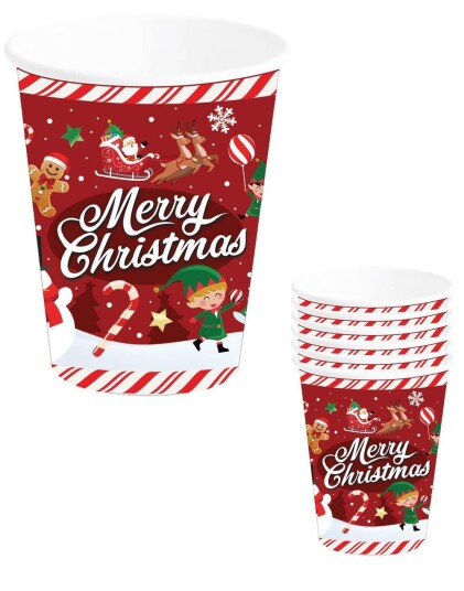6 stk Pappkopper med Julemotiver og "Merry Christmas" Tekst 240 ml 6 stk Pappkopper med Julemotiver og "Merry Christmas" Tekst 240 ml