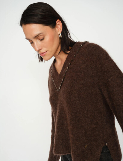 MOS MOSH Mmzora V-Neck Bead Knit - Brown - S MOS MOSH Mmzora V-Neck Bead Knit - Brown - S