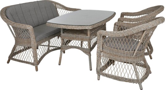 Brafab Kamomill spisegruppe 2 seter sofa 2 lenestoler & spisebord 135x80 cm Beige med grå pute