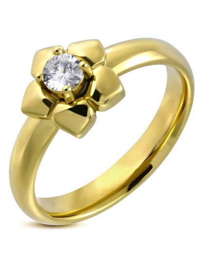 Gullfarget Ring i Kirurgisk Stål med Blomst og CZ Sten Strl 52 x 16,55 mm