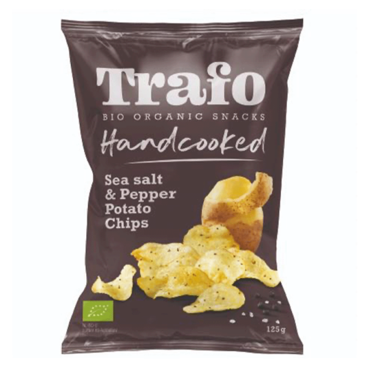 Trafo handcooked chips sea salt & peppers 125 gr Trafo handcooked chips sea salt & peppers 125 gr