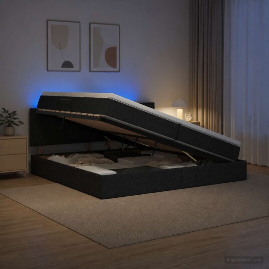 vidaXL LED lagringseng med madrass Svart 200 x 200 cm Stoff