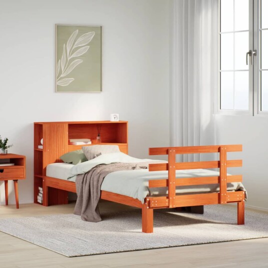Seng med bokhylle uten madrass voksbrun 90x200 cm heltre furu 8721158615268