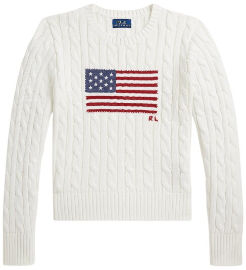 Ralph Lauren Kids Cropped Cable Knit Flag Cotton Sweater White 132 140