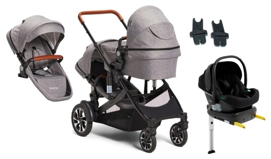 Beemoo Maxi 4 Twin Søskenvogn Inkl. Søskensete &  Beemoo Route i-Size Babybilstol &  Base Grey/Black Stone