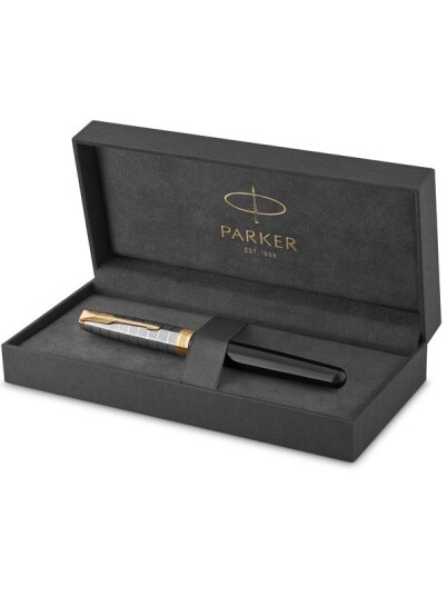 Parker Sonnet Fountain Pen  Premium Metal and Svart Gloss Finish with Gull Trim  Fine 18k Gull Nib with Svart Ink Cartridge  Gift Box