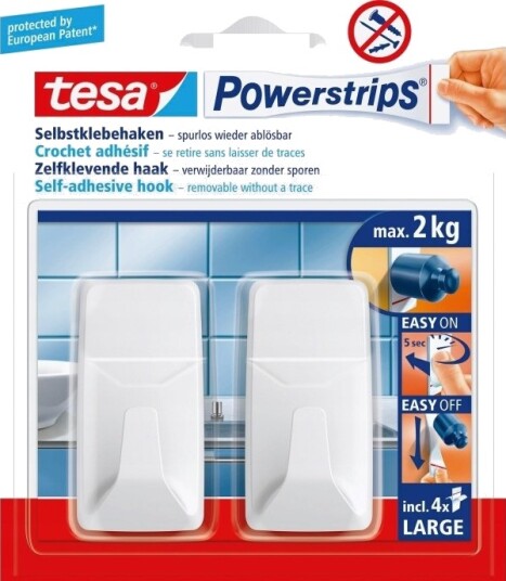Tesa Powerstrips Innendørs Håndklekrok Hvit Plast Limstrimmel 2 Kg