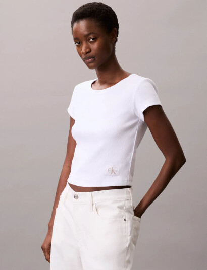 Calvin Klein Jeans A- Woven Label 2X2 Rib Baby Tee - White - L
