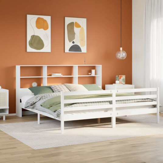Seng med bokhylle uten madrass hvit 200x200 cm heltre furu 8721158606952