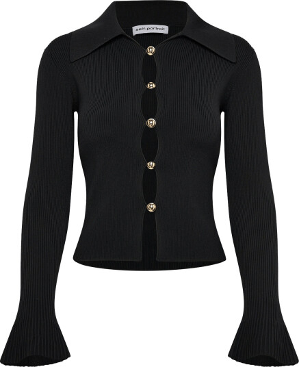 Self Portrait Ribbed Knit Cardigan   Black   M