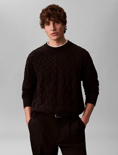 Calvin Klein Ls Lambswool Blend Cable Crewnk Black M
