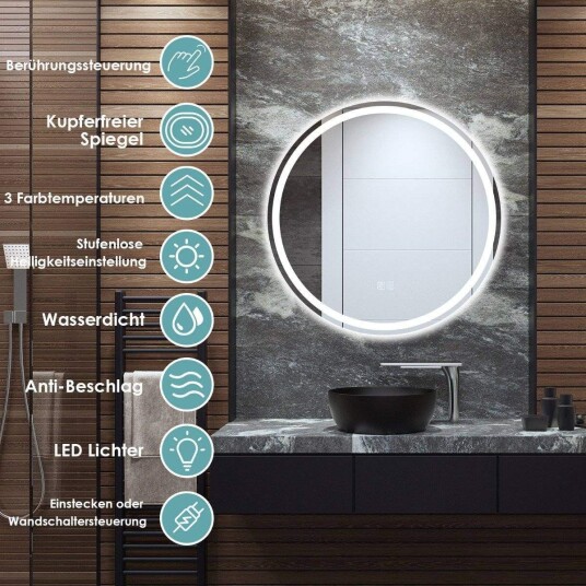 Rundt LED speil baderomsspeil for veggmontering 3000 K 6000 K Ø 60 cm