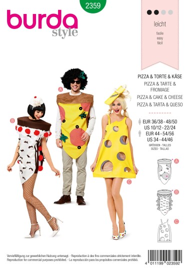 Burda 2359 - Pizza, kake og ost kostyme Kvinne: 36-50, Herre: 44-56