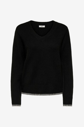 JDY - Genser jdySage L/S V-neck Contrast Hem Pul - Svart