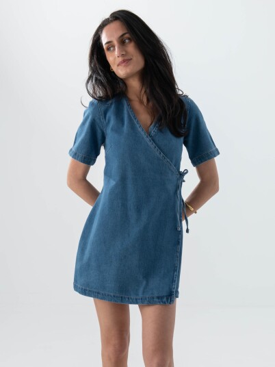 Topshop Sophie Short Sleeve Mini Denim Wrap Dress Denim 38