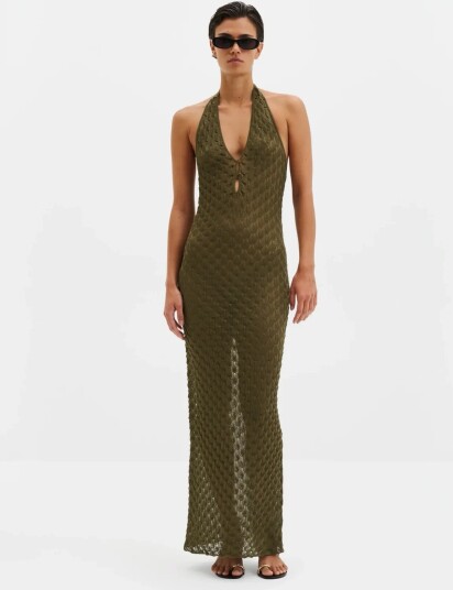 Malina Esra Knitted Halterneck Maxi Dress Khaki green XL Malina Esra Knitted Halterneck Maxi Dress Khaki green XL