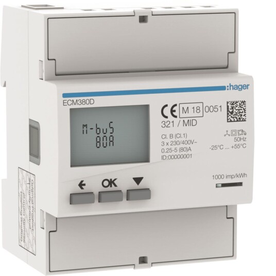 Hager ECM380D Energimåler 3-faset MBUS 80A