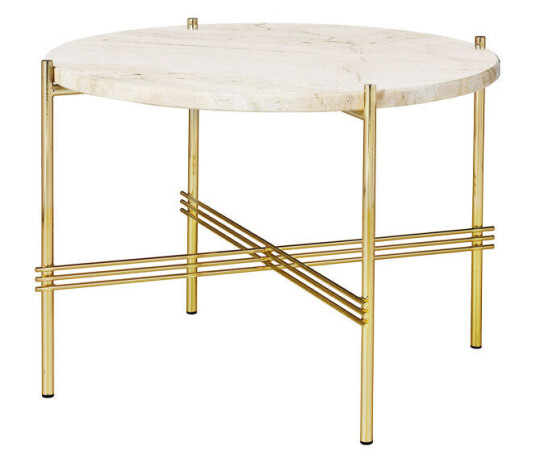 Gubi TS Round sidebord natural white travertine, Ø 55 cm, messingstativ