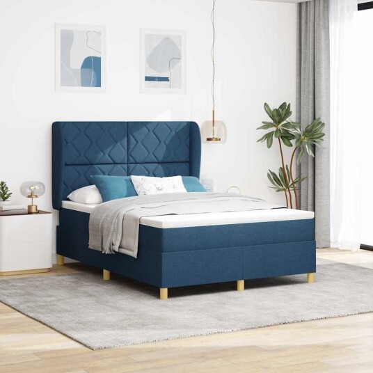  Box Spring Seng med Madrass   Blå   140x200 cm   Stoff