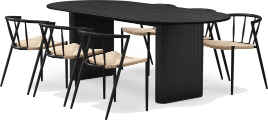 Noira Ovalt Spisebord 220 cm med 6 Winston Spisestoler - Svart / Beige / Metallben Svart