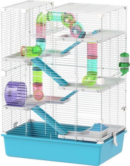 Hamsterbur, 6-lags smådyrbur med rør, tunneler, hytte, hjul, matskål, vannflaske, ramper, for dverghamstere og gerbiler, 58 x 36