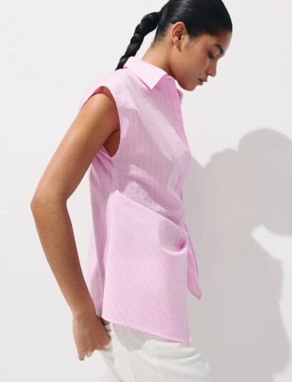 Mango Striped Cotton Shirt With Tie Detail Pink M