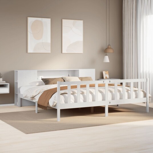 Seng med bokhylle uten madrass hvit 180x200 cm heltre furu 8721158604514