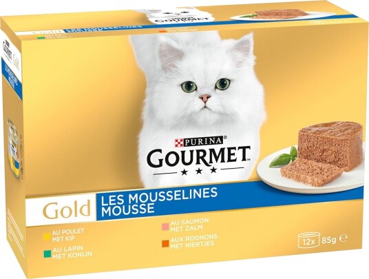 Gourmet Våtfôr Gold Fine Patè Blandet Kjøtt & Kanin Laks Nyrer Kylling Fisk 48 X 85 G