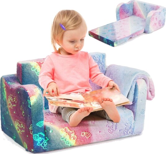 Småbarns vendbar sofa med teppe – regnbue selvlysende