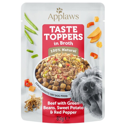 Sparepakke Applaws Taste Toppers poser i buljong 24 x 85 g - Okse med grønne bønner, søtpotet & rød paprika